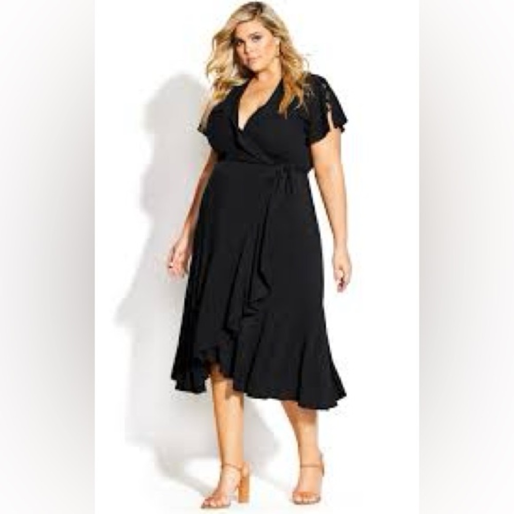 City Chic Maxi Fiesta Fun Black Wrap Dress‎ Size S/16 Ruffle Hem Flutter Sleeve